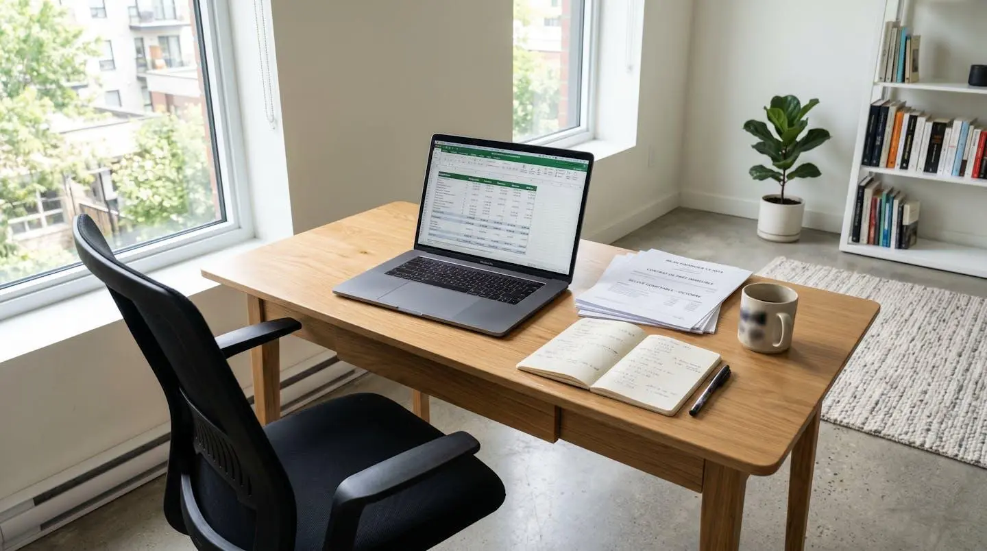 Bureau contemporain lumineux avec ordinateur portable moderne ouvert, carnet de notes et calculatrice sur un bureau en bois clair, lumière naturelle latérale