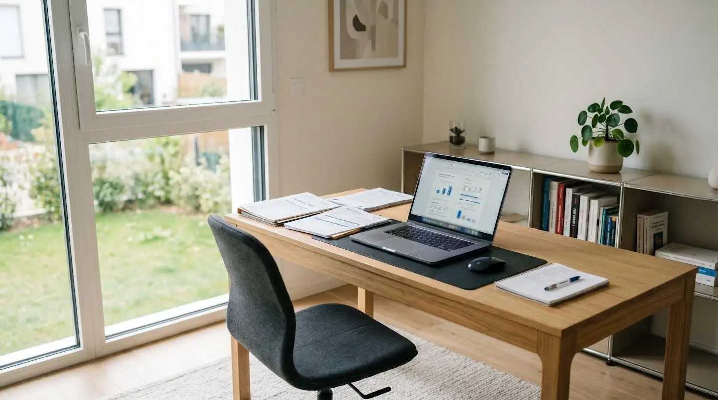 Bureau contemporain lumineux avec ordinateur portable moderne ouvert, carnet de notes et calculatrice sur un bureau en bois clair, lumière naturelle latérale