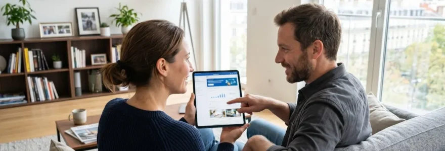 Un couple trentenaire assis côte à côte sur un canapé contemporain, regardant ensemble une tablette dans un salon lumineux