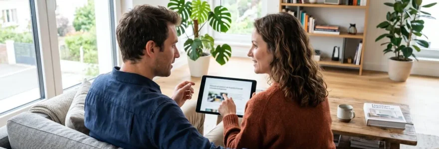Un couple trentenaire assis côte à côte sur un canapé contemporain, regardant ensemble une tablette dans un salon lumineux