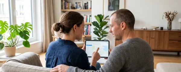 Un couple trentenaire assis côte à côte sur un canapé contemporain, regardant ensemble une tablette dans un salon lumineux