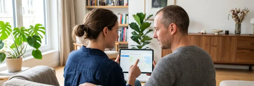 Un couple trentenaire assis côte à côte sur un canapé contemporain, regardant ensemble une tablette dans un salon lumineux