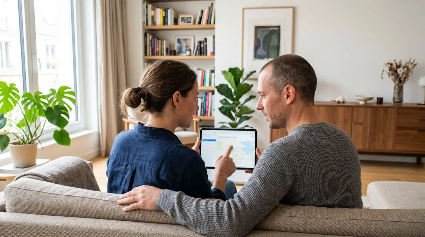 Un couple trentenaire assis côte à côte sur un canapé contemporain, regardant ensemble une tablette dans un salon lumineux