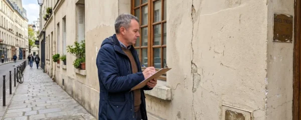 Un expert du bâtiment inspecte des fissures sur le mur extérieur d'un immeuble parisien, consultant son carnet de notes.