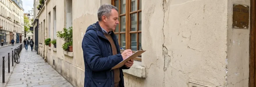 Un expert du bâtiment inspecte des fissures sur le mur extérieur d'un immeuble parisien, consultant son carnet de notes.