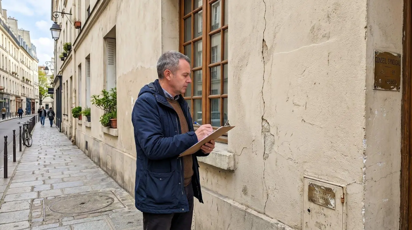 Un expert du bâtiment inspecte des fissures sur le mur extérieur d'un immeuble parisien, consultant son carnet de notes.