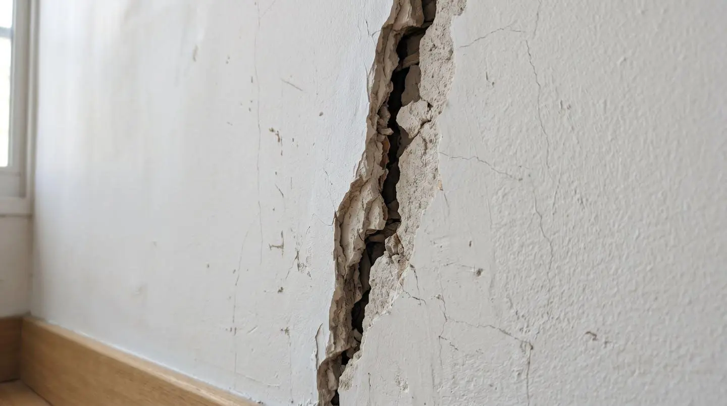 Gros plan d'une fissure profonde dans un mur intérieur en plâtre, révélant la gravité du désordre structurel.