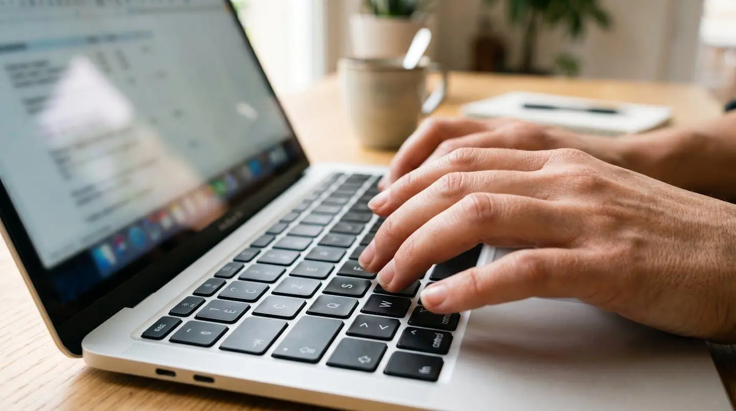 Gros plan sur une main tapant sur le clavier d'un ordinateur portable moderne posé sur un bureau lumineux, écran flou en arrière-plan