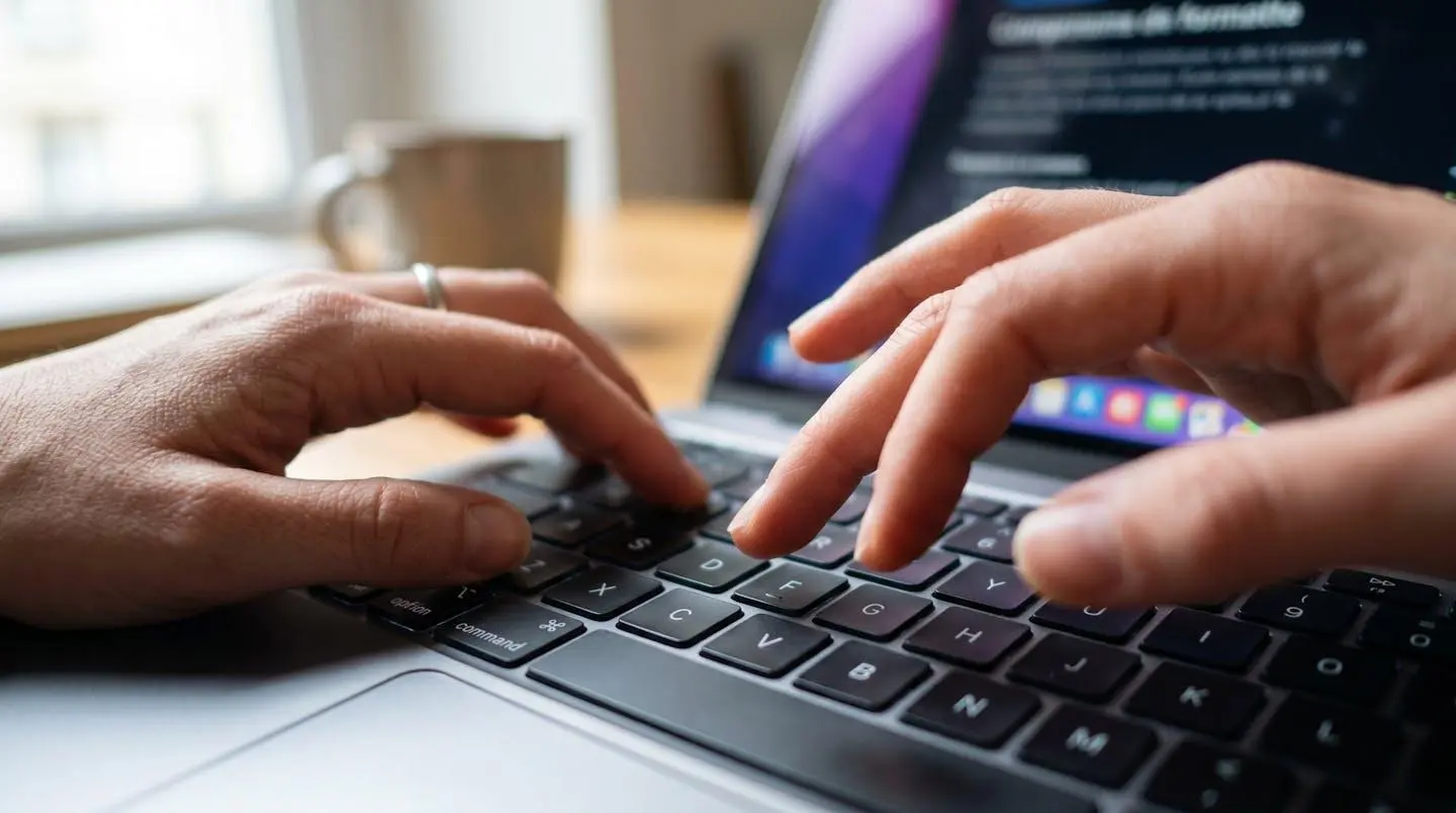 Gros plan sur une main tapant sur le clavier d'un ordinateur portable moderne posé sur un bureau lumineux, écran flou en arrière-plan