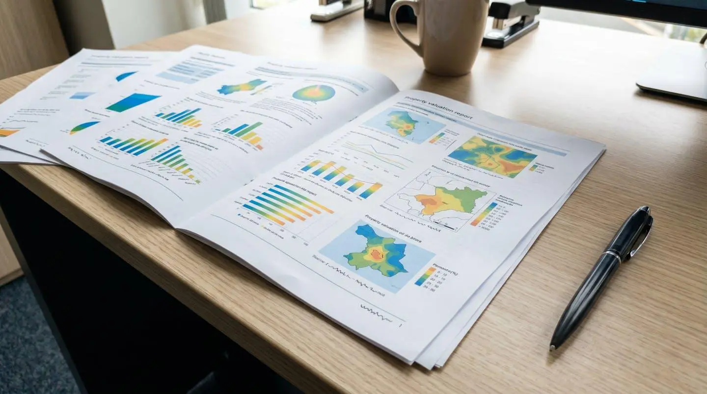 Gros plan sur un rapport d'expertise immobilière détaillé avec diagrammes techniques et données comparatives de marché.