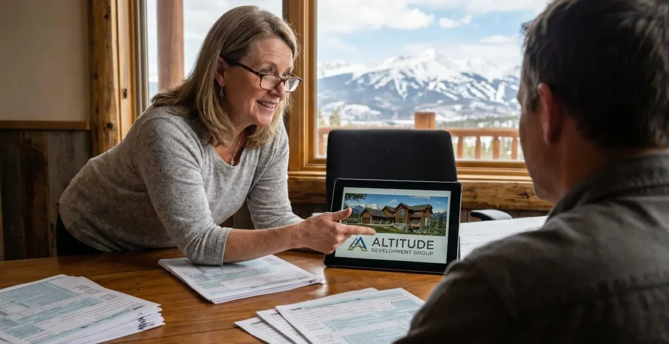 Conseiller assis à un bureau avec des documents fiscaux et une tablette, discutant d'un projet immobilier en montagne