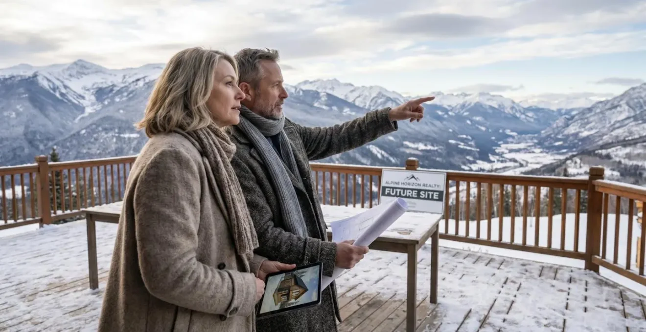 Couple adulte contemplant un panorama montagneux enneigé depuis une terrasse, en réflexion sur un projet immobilier