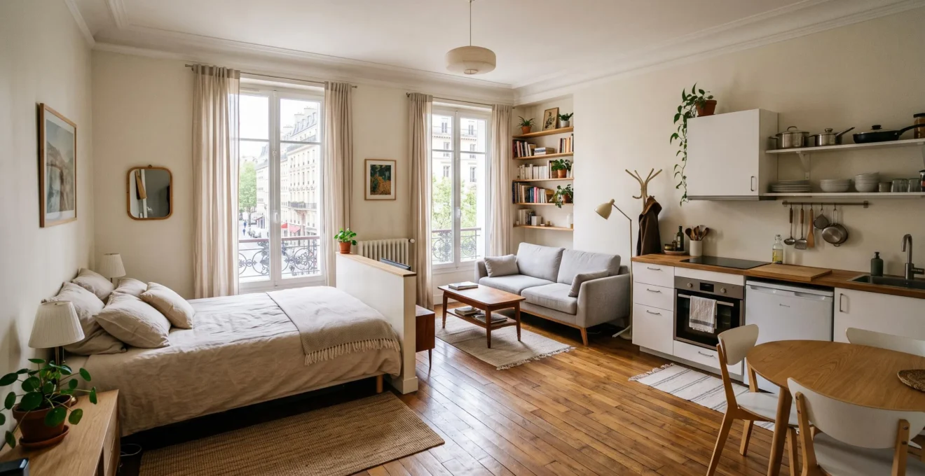 Intérieur d'un appartement meublé comprenant salon, coin repas, cuisine équipée et espace nuit, baigné de lumière naturelle.