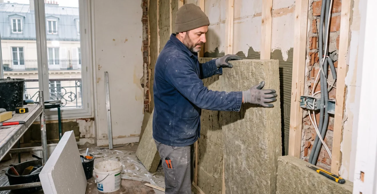 Artisan installant des panneaux d'isolation thermique sur un mur intérieur lors de travaux de rénovation dans un appartement.